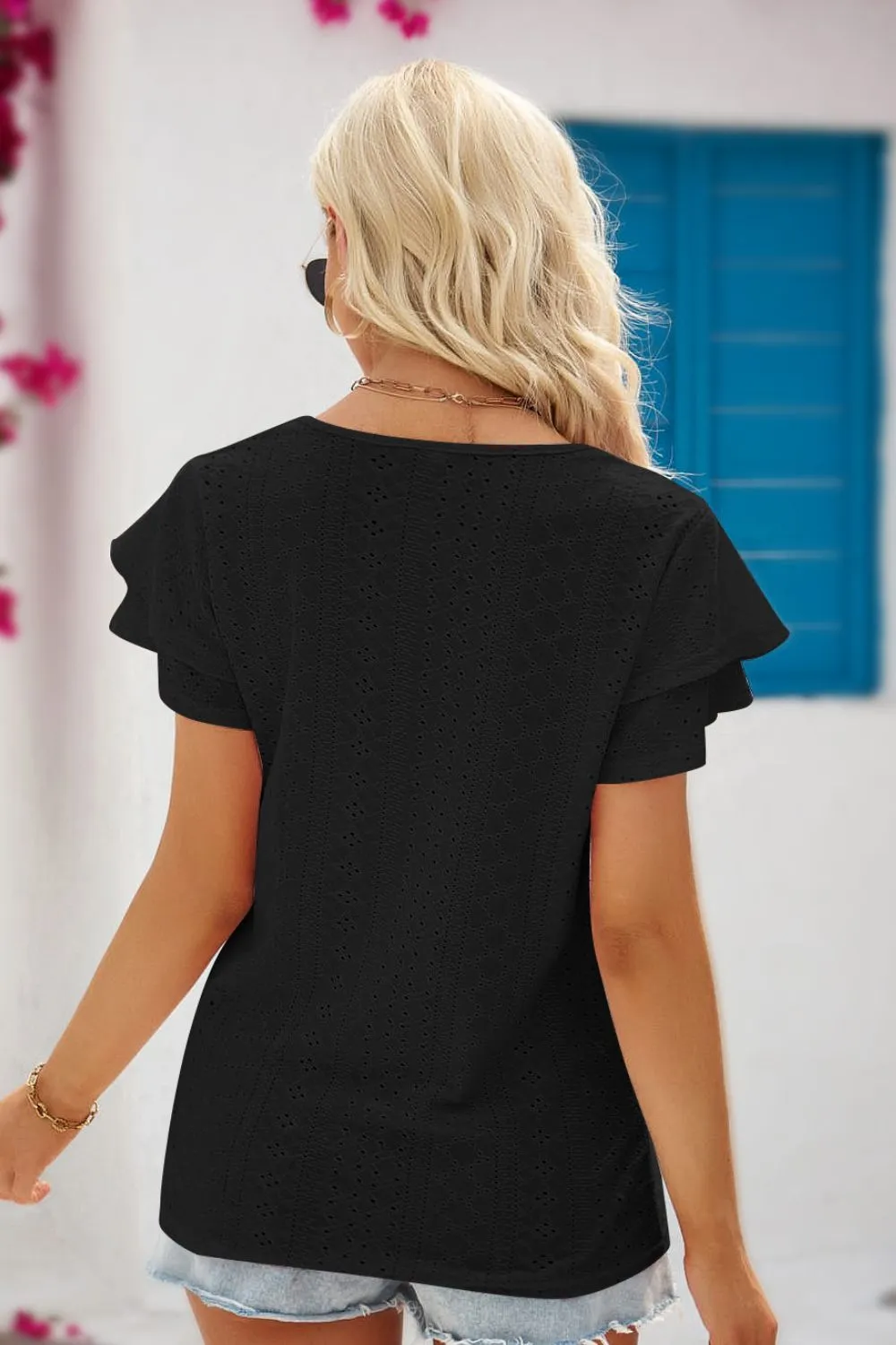 Stacey Eyelet Tie-Neck Flutter Sleeve Blouse - Online Exclusive