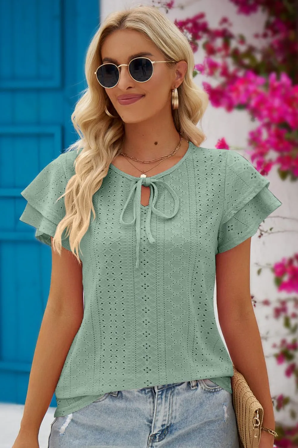 Stacey Eyelet Tie-Neck Flutter Sleeve Blouse - Online Exclusive