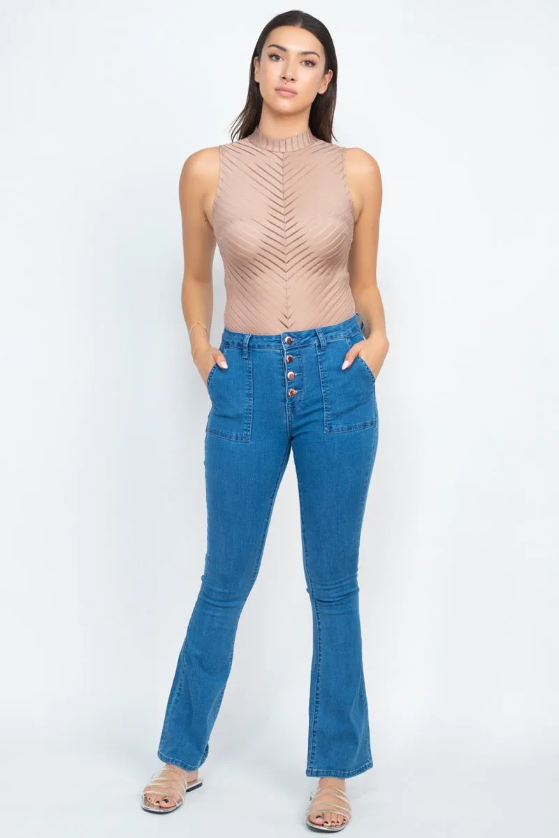 Stripe Mesh Mock Neck Bodysuit