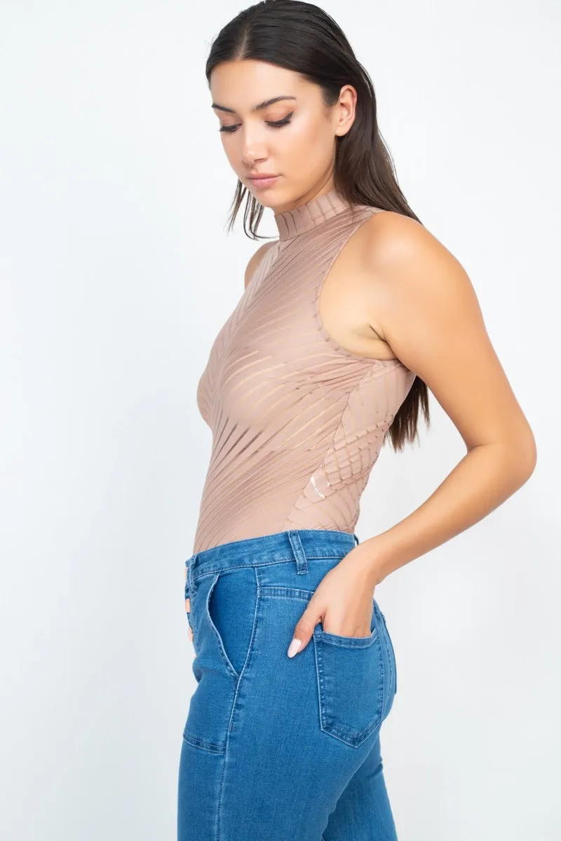 Stripe Mesh Mock Neck Bodysuit