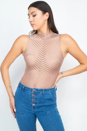 Stripe Mesh Mock Neck Bodysuit