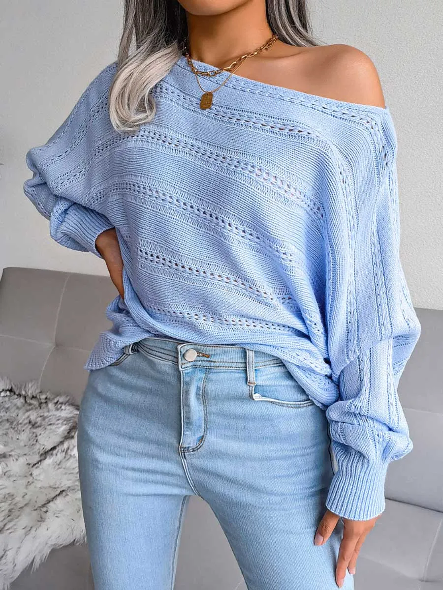 Stunncal Casual Pierced Patchwork Off the Shoulder Sweater(3 Colors)