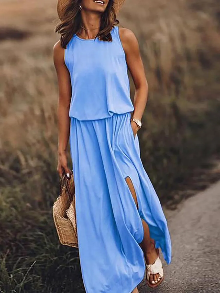 Stunncal Pockets O Neck Sleeveless Slit Maxi Dress