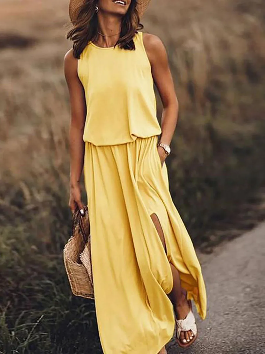 Stunncal Pockets O Neck Sleeveless Slit Maxi Dress