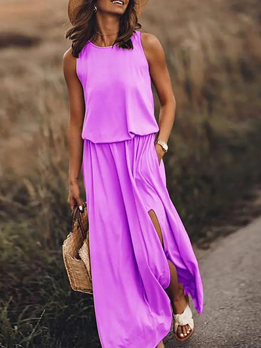 Stunncal Pockets O Neck Sleeveless Slit Maxi Dress