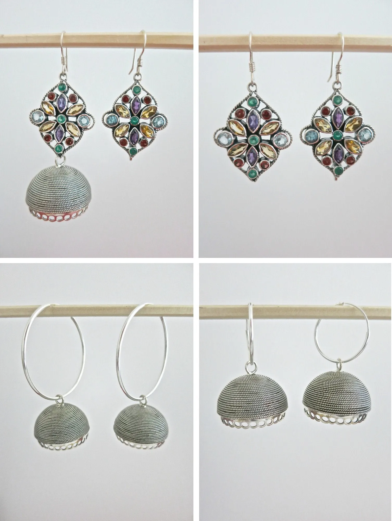 Stunning, detachable, wire-wrapped jhumkas with beautiful multi-color gemstone tops