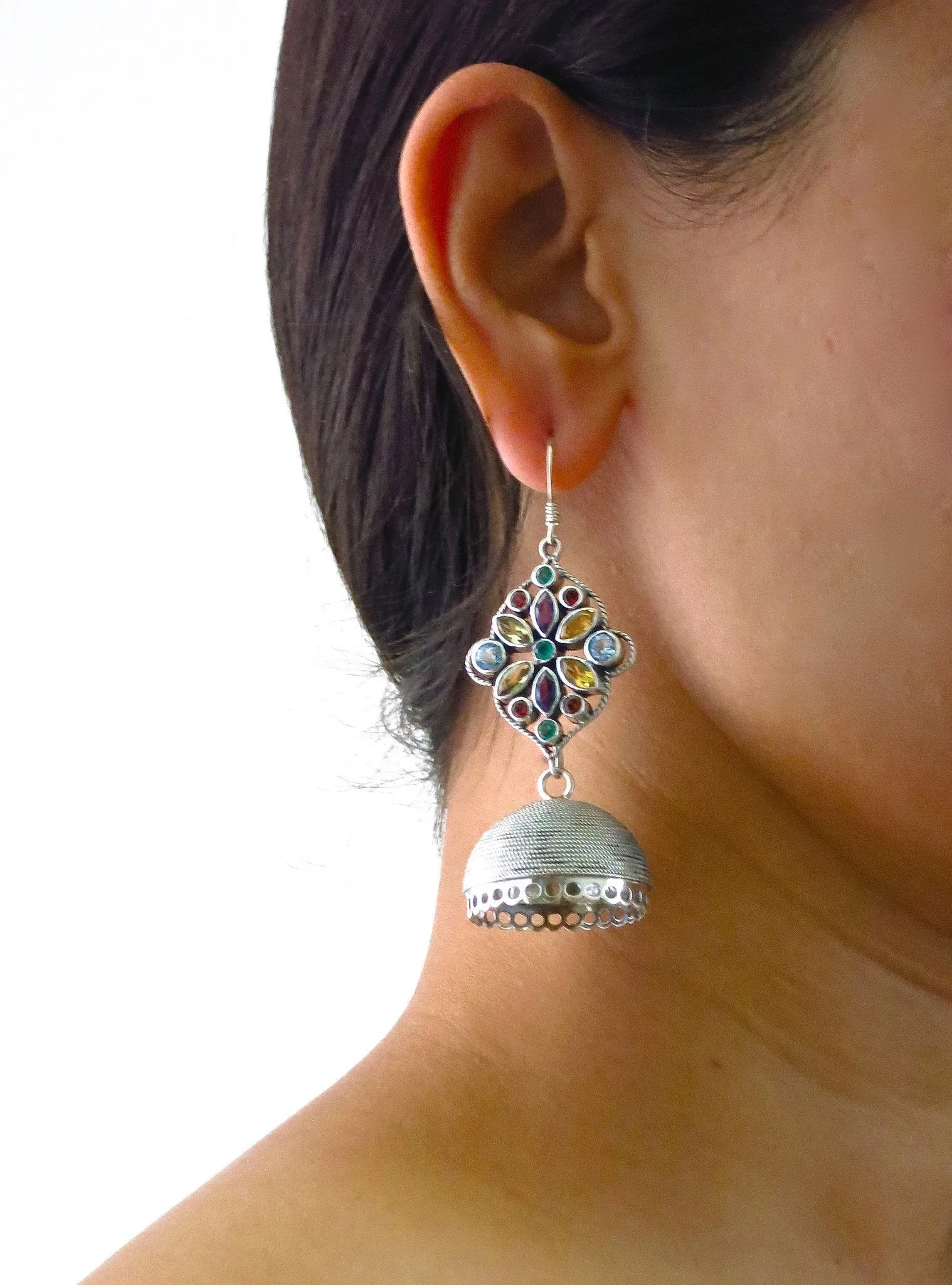 Stunning, detachable, wire-wrapped jhumkas with beautiful multi-color gemstone tops