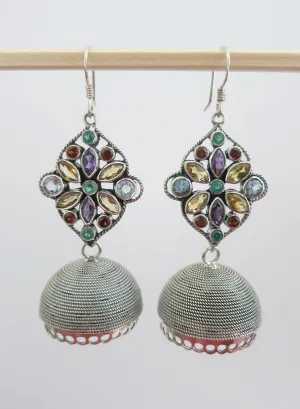 Stunning, detachable, wire-wrapped jhumkas with beautiful multi-color gemstone tops