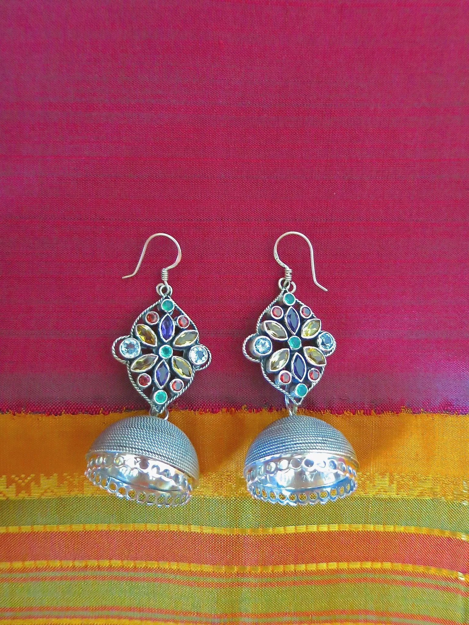 Stunning, detachable, wire-wrapped jhumkas with beautiful multi-color gemstone tops