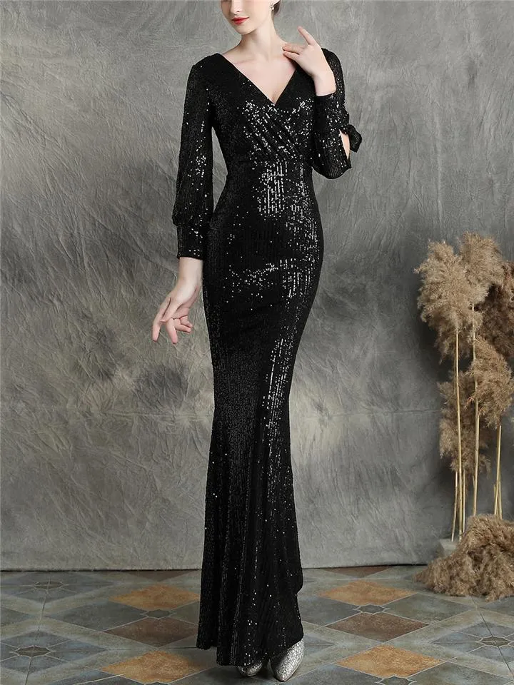 Stunning Sequin Wrap Neck Mermaid Petite Prom Dresses