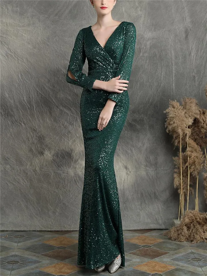 Stunning Sequin Wrap Neck Mermaid Petite Prom Dresses