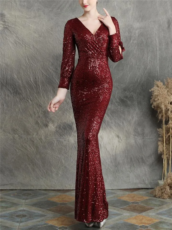 Stunning Sequin Wrap Neck Mermaid Petite Prom Dresses
