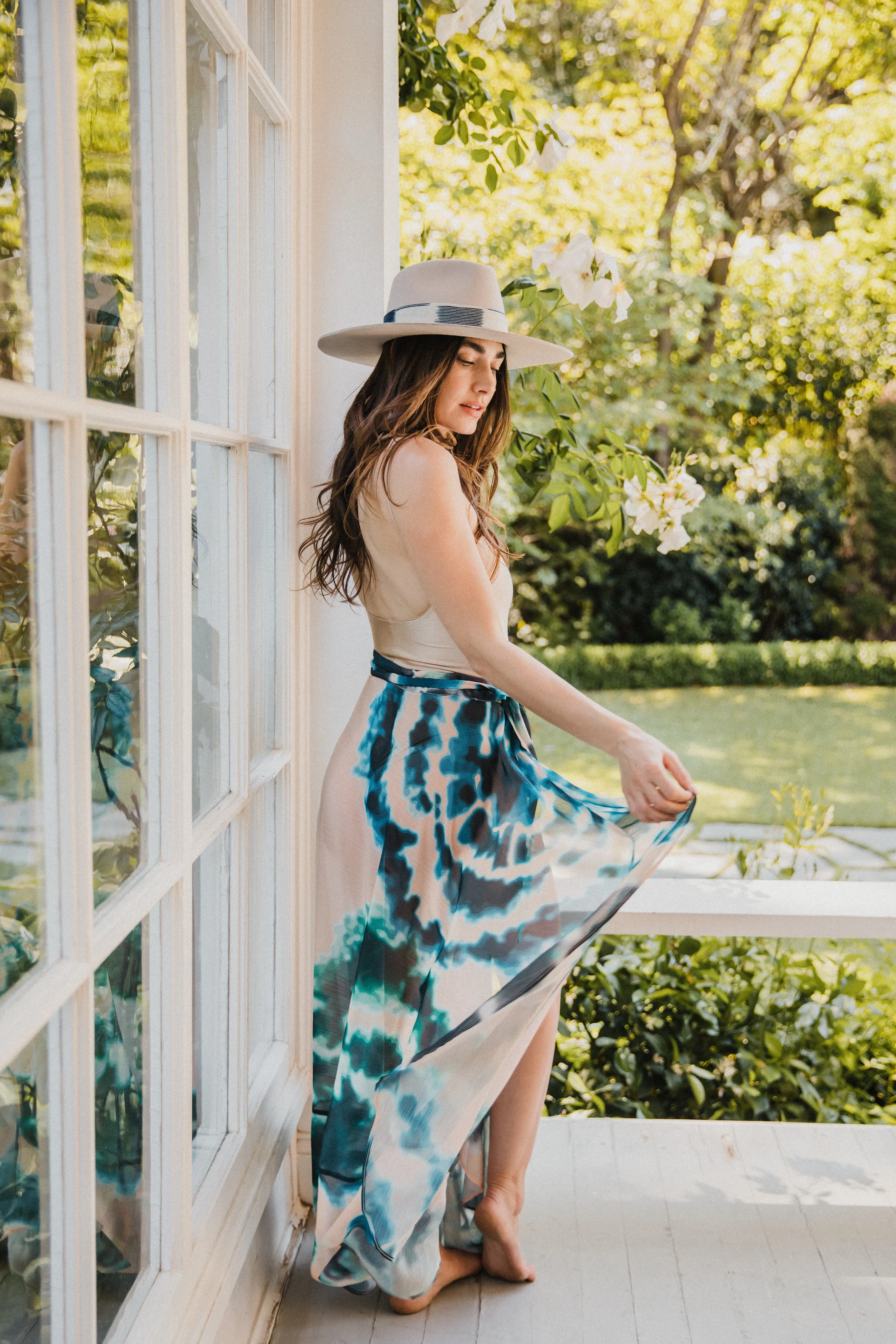 SukiSo Women's Maxi Sheer Wrap Skirt in Tan and Teal Tie-Dye