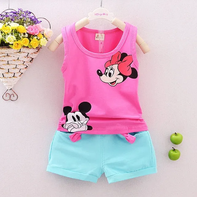 Summer Mickey Toddler Girl Set Bow T-shirt Tops Short Pant 2PCS Outfits