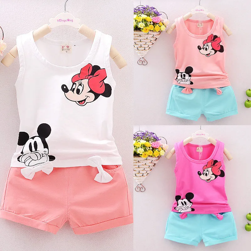 Summer Mickey Toddler Girl Set Bow T-shirt Tops Short Pant 2PCS Outfits