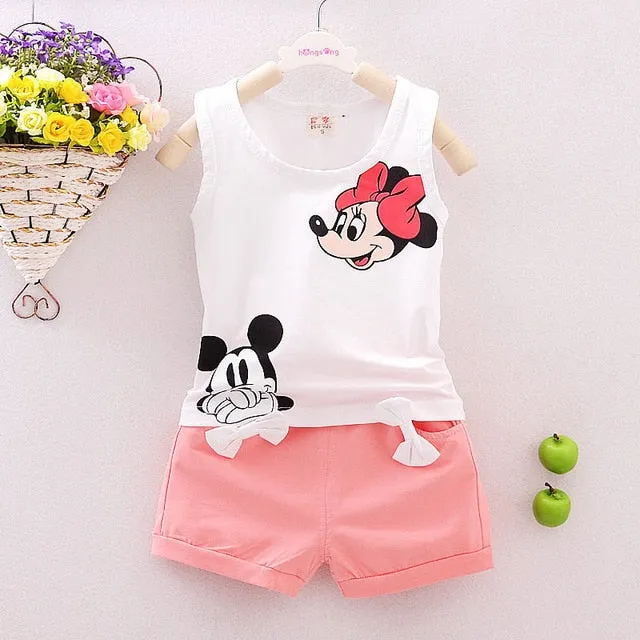 Summer Mickey Toddler Girl Set Bow T-shirt Tops Short Pant 2PCS Outfits