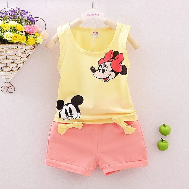 Summer Mickey Toddler Girl Set Bow T-shirt Tops Short Pant 2PCS Outfits