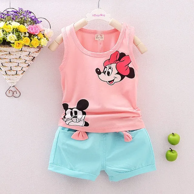 Summer Mickey Toddler Girl Set Bow T-shirt Tops Short Pant 2PCS Outfits