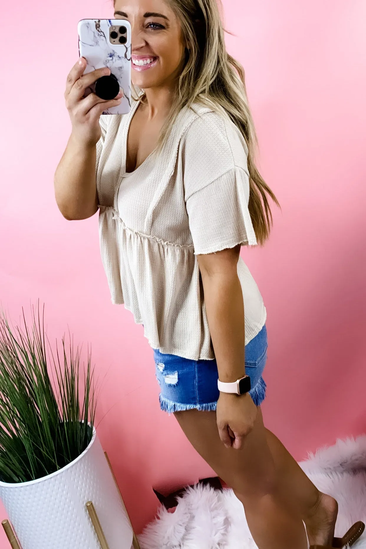 Summer State Of Mind- {Orange & Cream} Waffle Knit Baby Doll Top