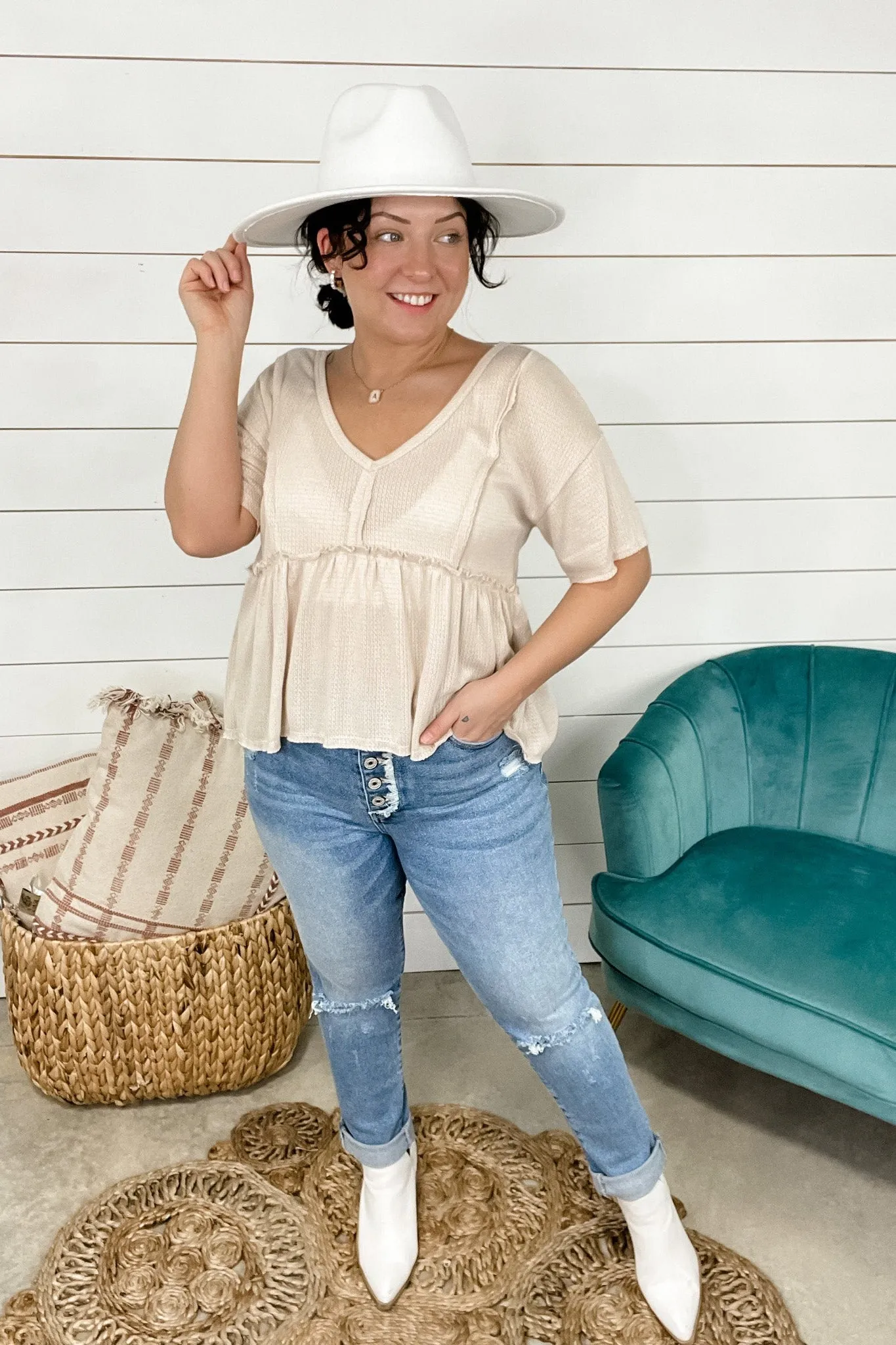 Summer State Of Mind- {Orange & Cream} Waffle Knit Baby Doll Top