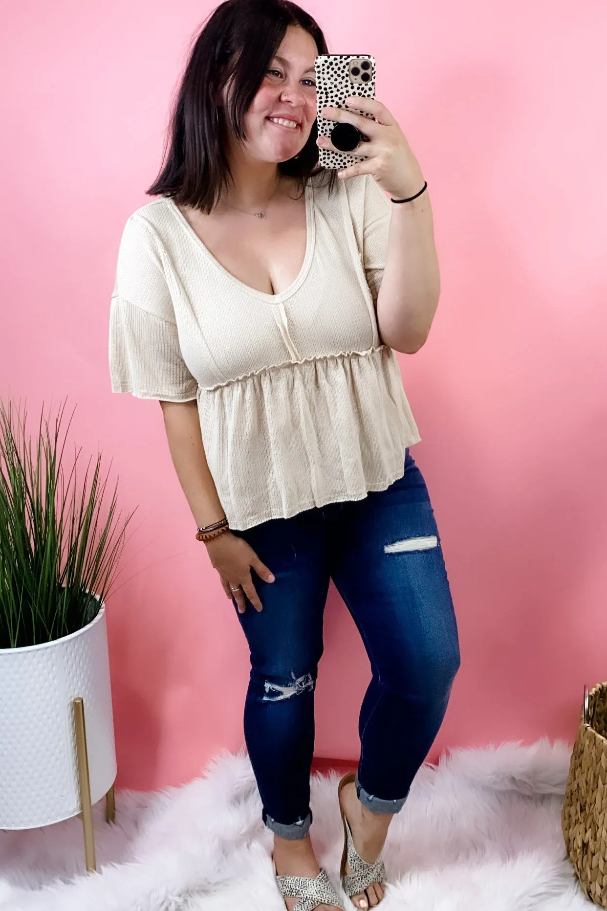 Summer State Of Mind- {Orange & Cream} Waffle Knit Baby Doll Top