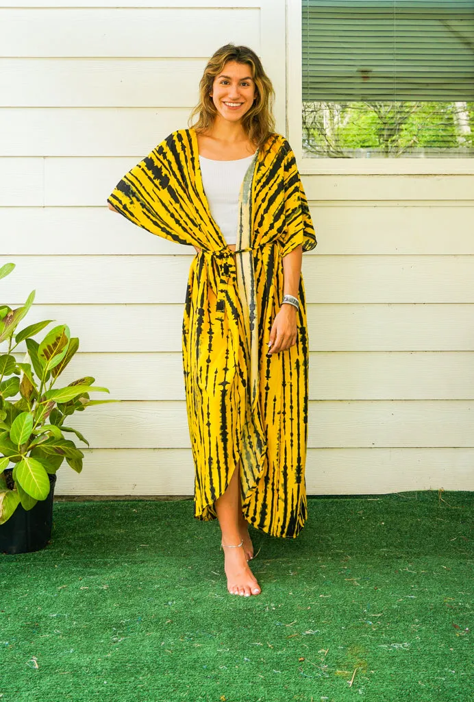 Sunburst Yellow and Black Tie Dye Kimono Robe