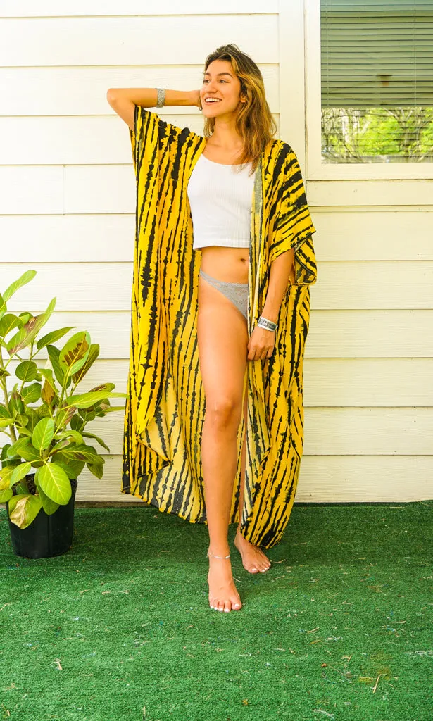 Sunburst Yellow and Black Tie Dye Kimono Robe