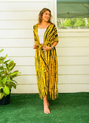 Sunburst Yellow and Black Tie Dye Kimono Robe