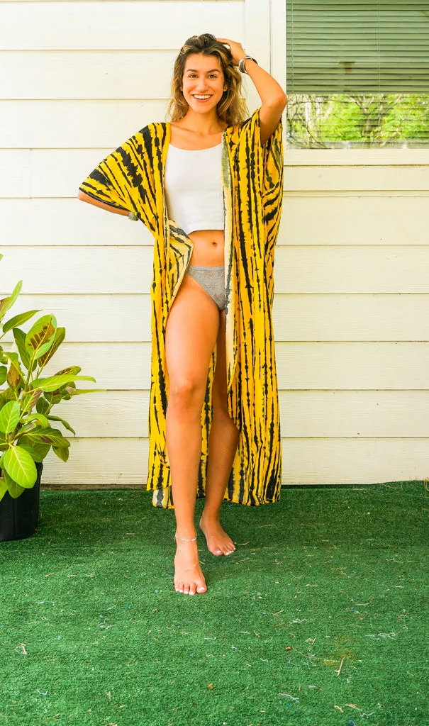 Sunburst Yellow and Black Tie Dye Kimono Robe