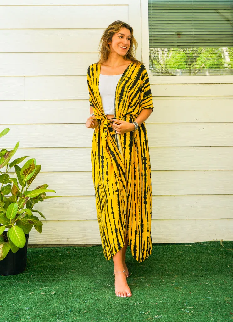 Sunburst Yellow and Black Tie Dye Kimono Robe