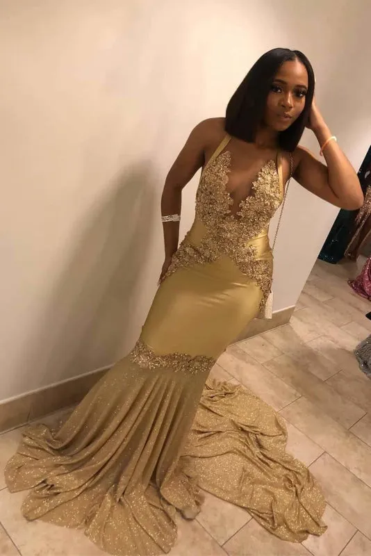 Super Shiny Halter Sleeveless Mermaid Long Prom Gown with Sweep Train