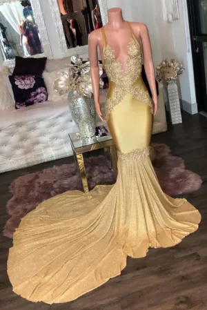 Super Shiny Halter Sleeveless Mermaid Long Prom Gown with Sweep Train