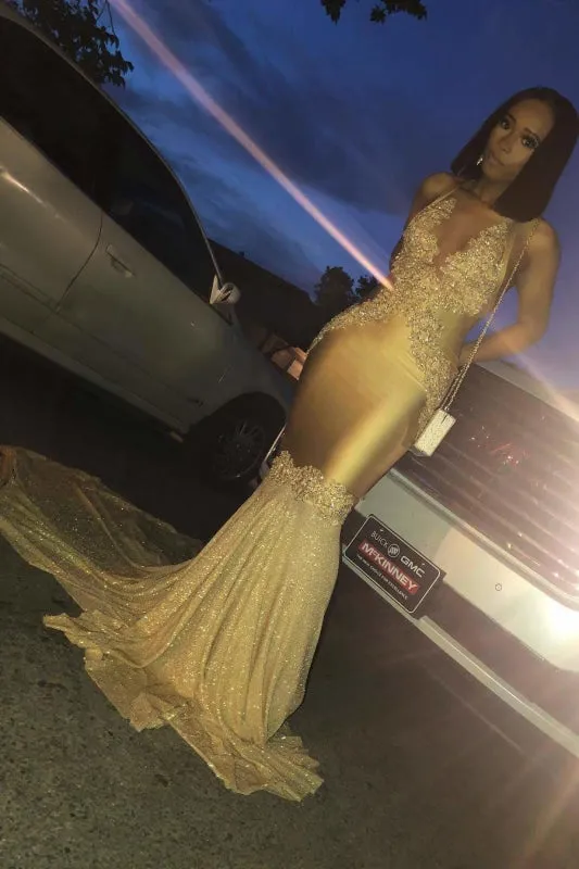 Super Shiny Halter Sleeveless Mermaid Long Prom Gown with Sweep Train