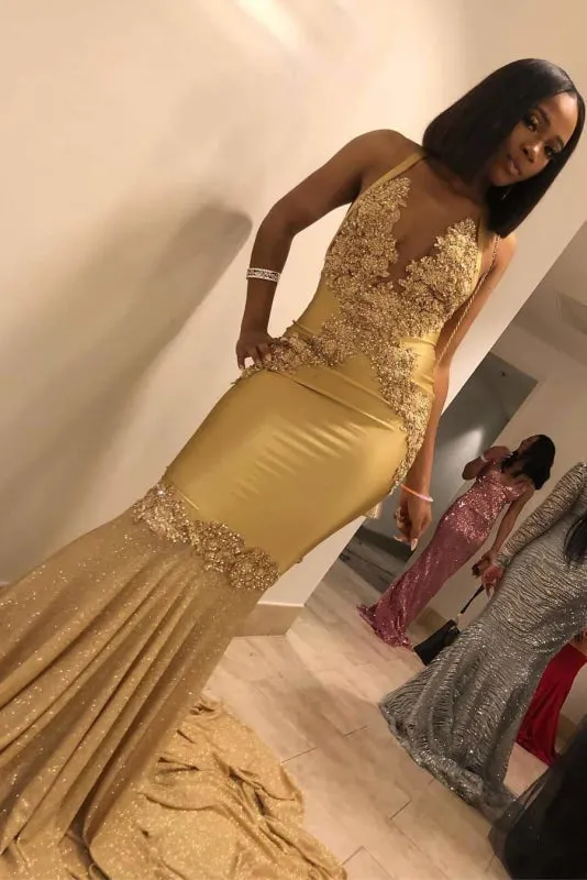 Super Shiny Halter Sleeveless Mermaid Long Prom Gown with Sweep Train