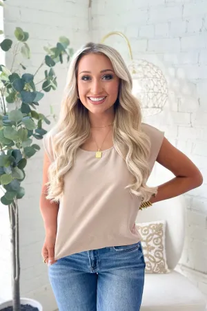 Taupe Cap Sleeve Round Neck Top