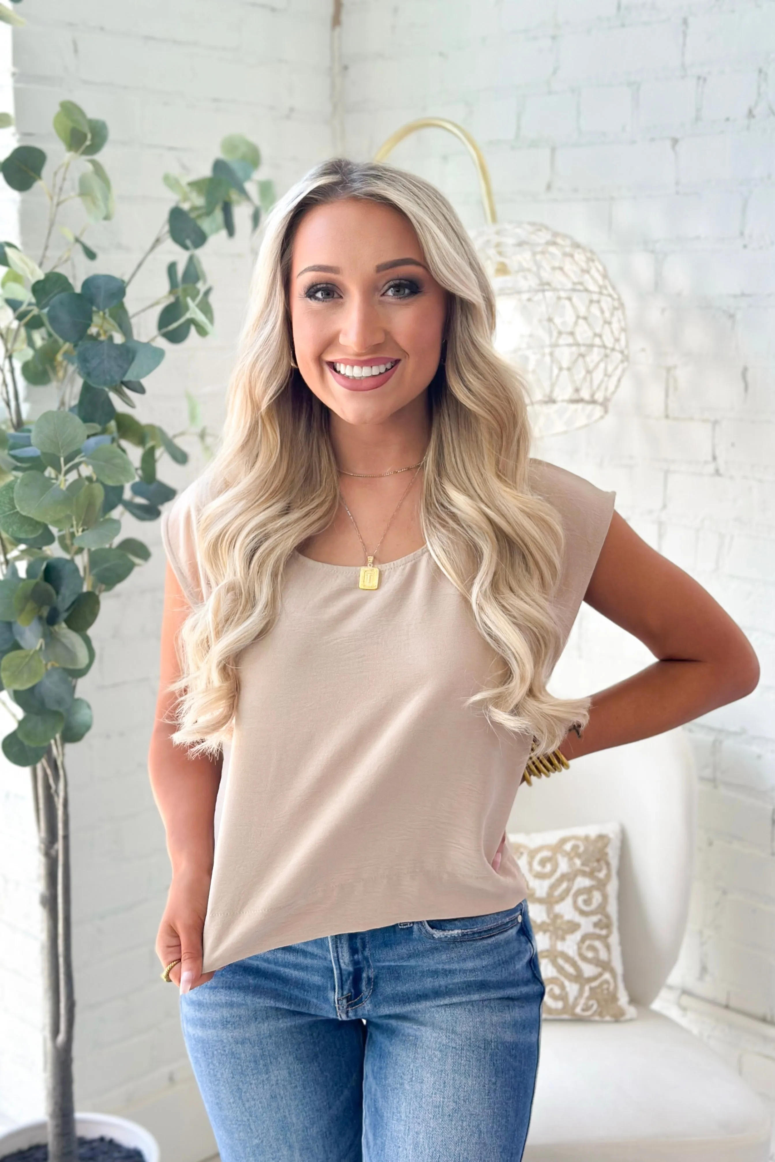 Taupe Cap Sleeve Round Neck Top