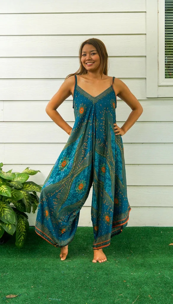 Teal Peacock Eye Boho Jumpsuit