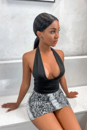 Tie Back Solid Plunge Neck Halter Top