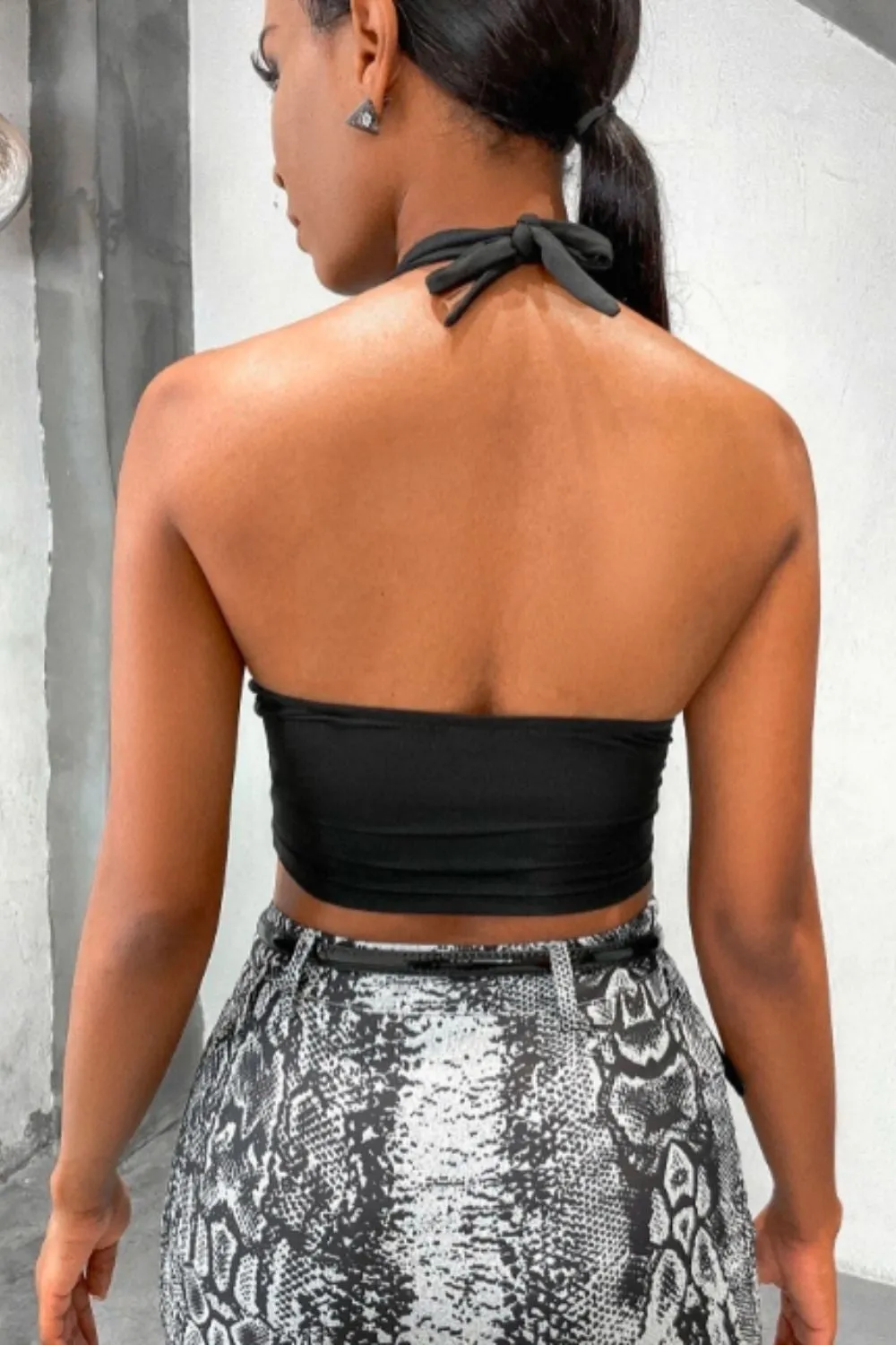 Tie Back Solid Plunge Neck Halter Top