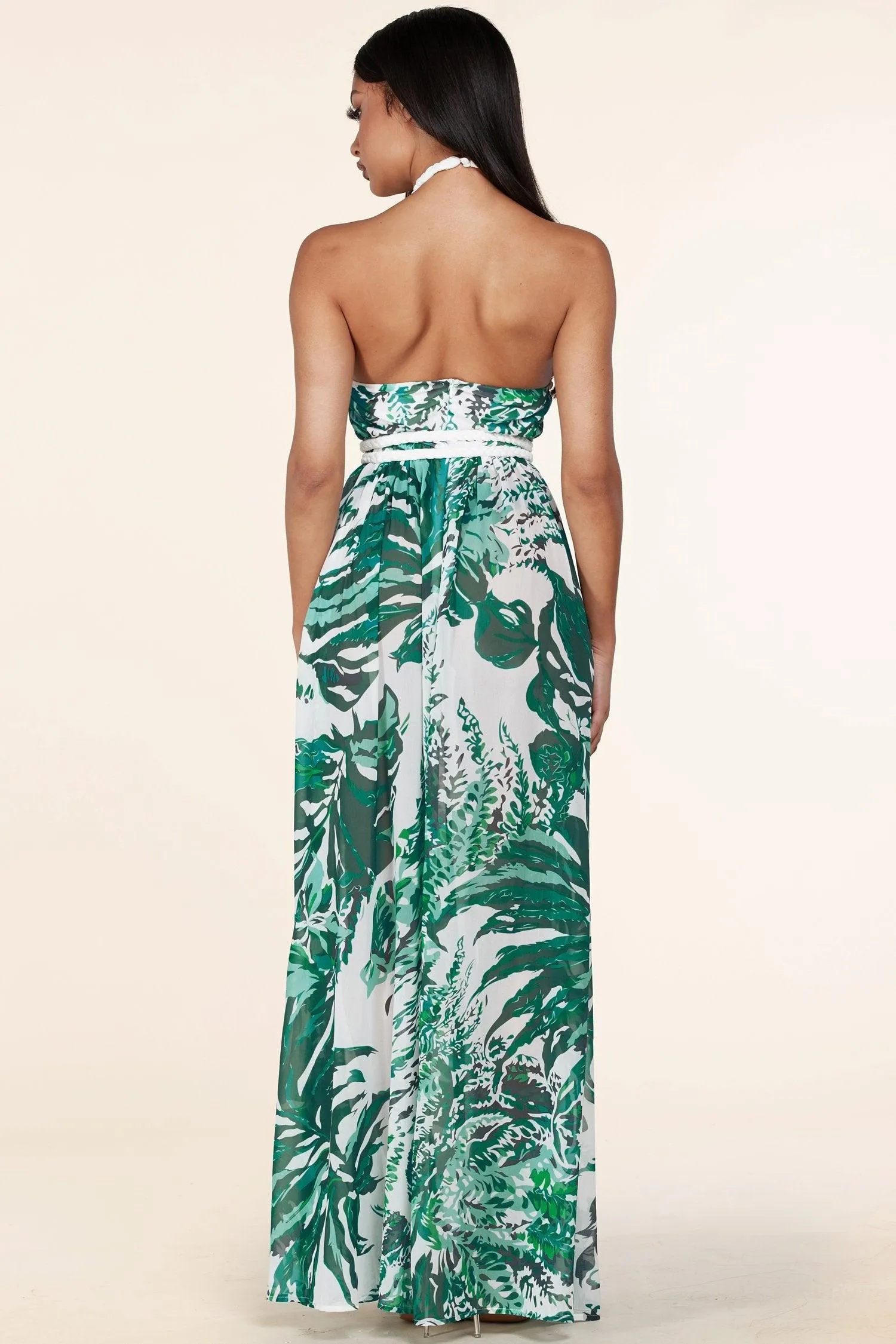 TROPICAL BRAIDED TRIM HALTER DRESS