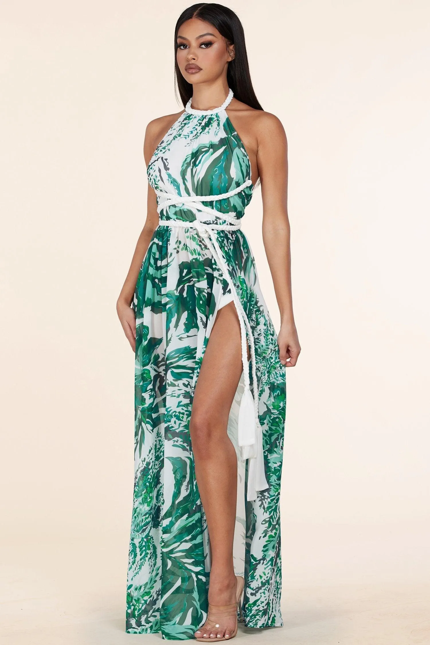 TROPICAL BRAIDED TRIM HALTER DRESS