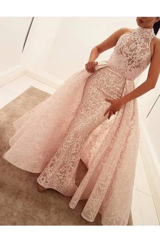 Unique Mermaid High Neck Sleeveless Sweep Train Pearl Pink Lace Prom Dress