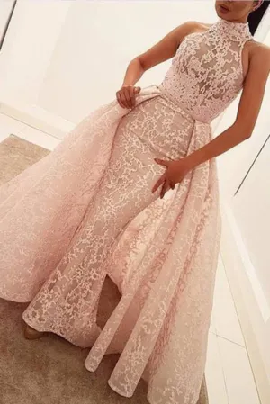 Unique Mermaid High Neck Sleeveless Sweep Train Pearl Pink Lace Prom Dress