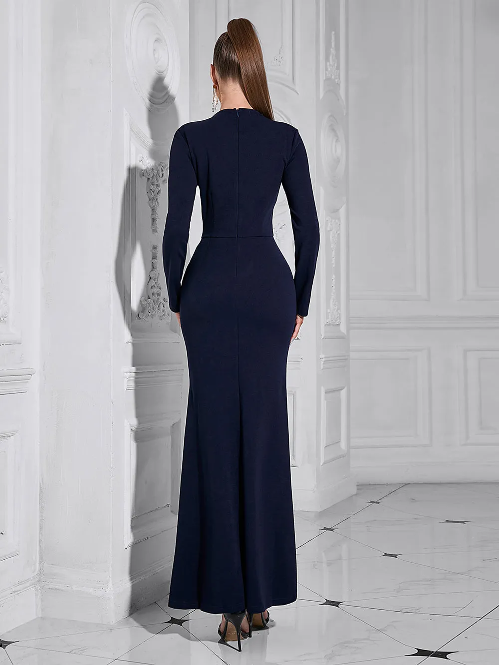 V Neck Long Sleeve Plain Maxi Bodycon Dress HB10133