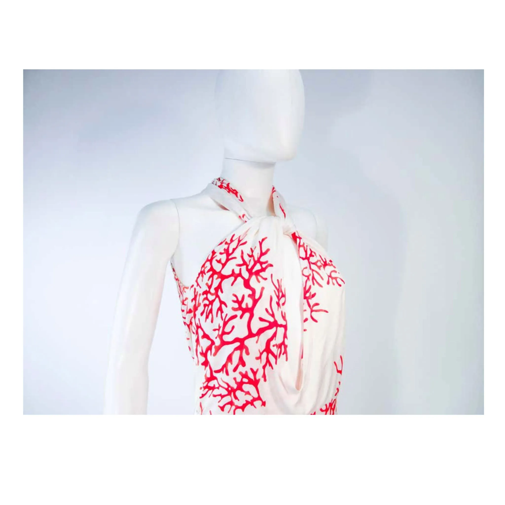 VALENTINO White with Red Coral Pattern  Halter Dress Size 42