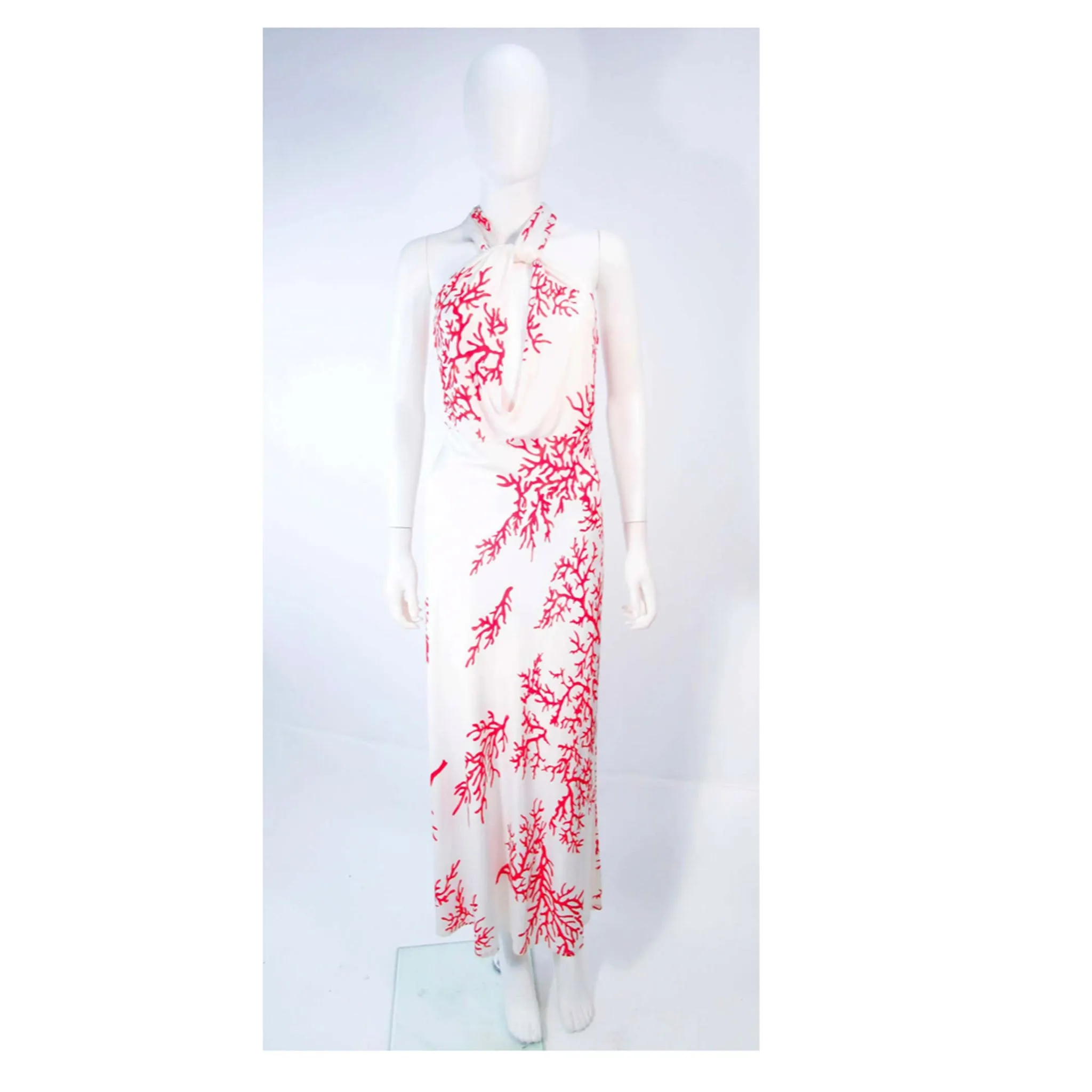 VALENTINO White with Red Coral Pattern  Halter Dress Size 42