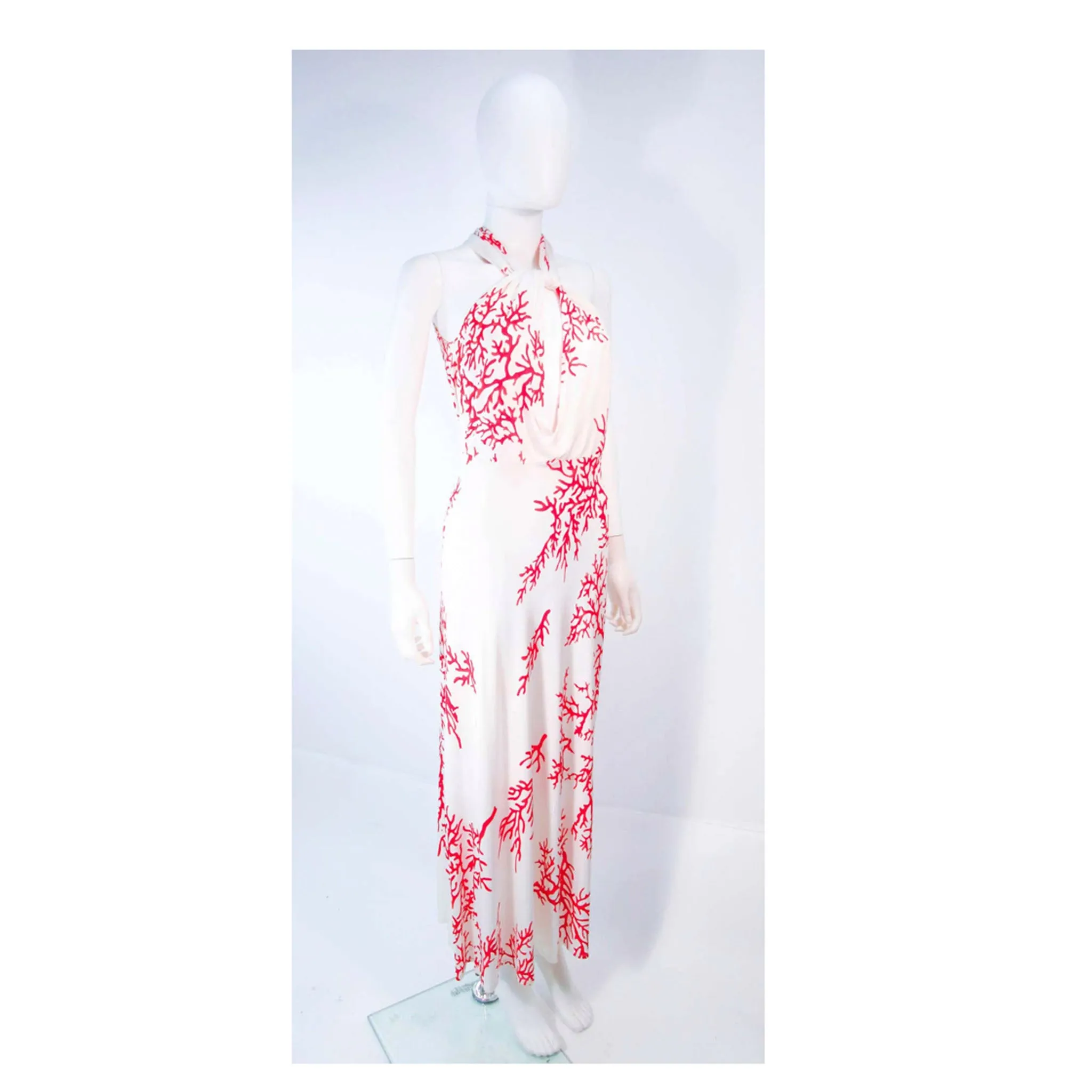 VALENTINO White with Red Coral Pattern  Halter Dress Size 42