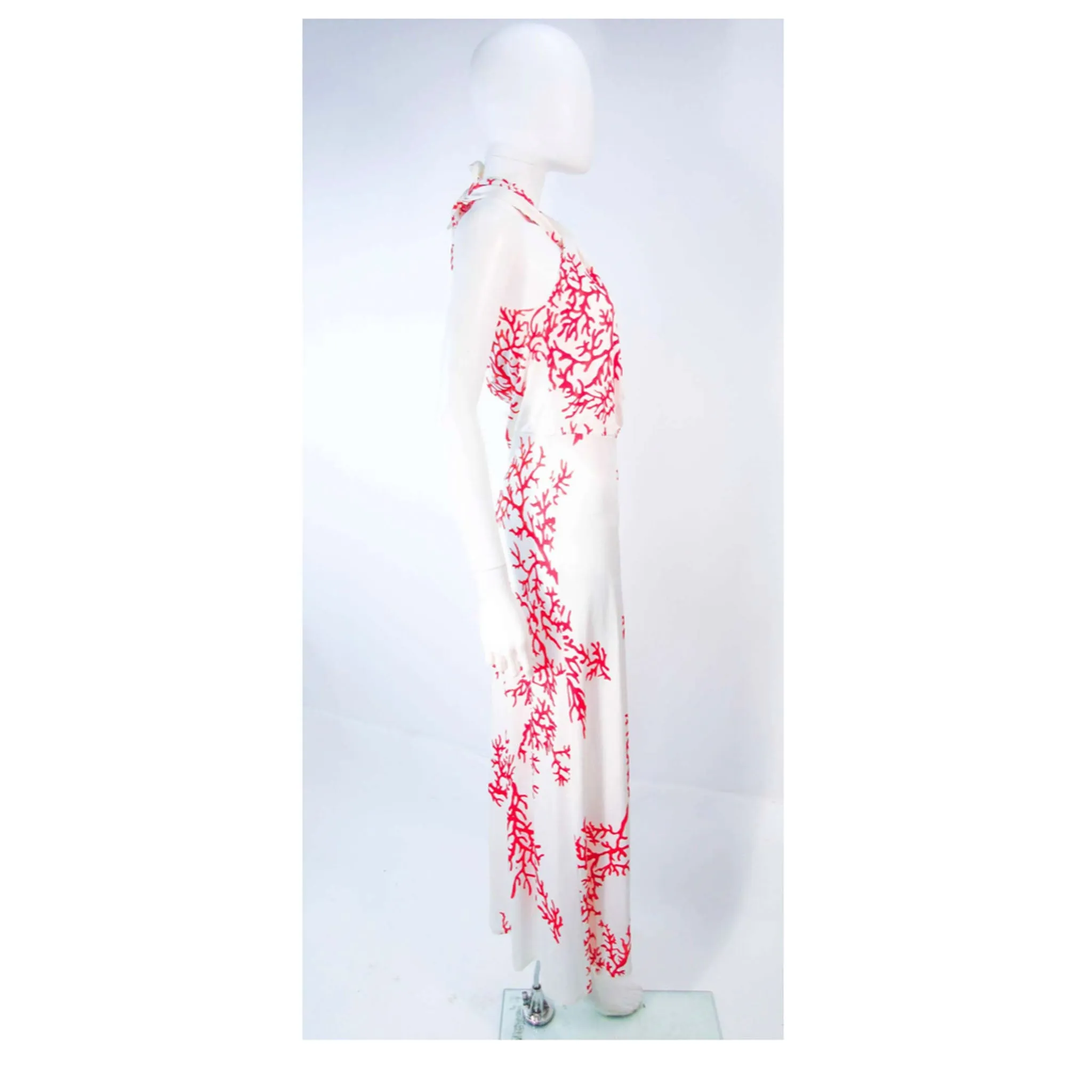 VALENTINO White with Red Coral Pattern  Halter Dress Size 42