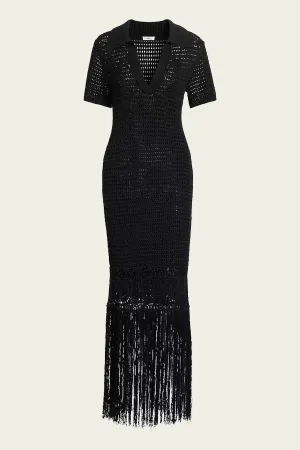 Valerie Crochet Fringe Maxi Dress in Black