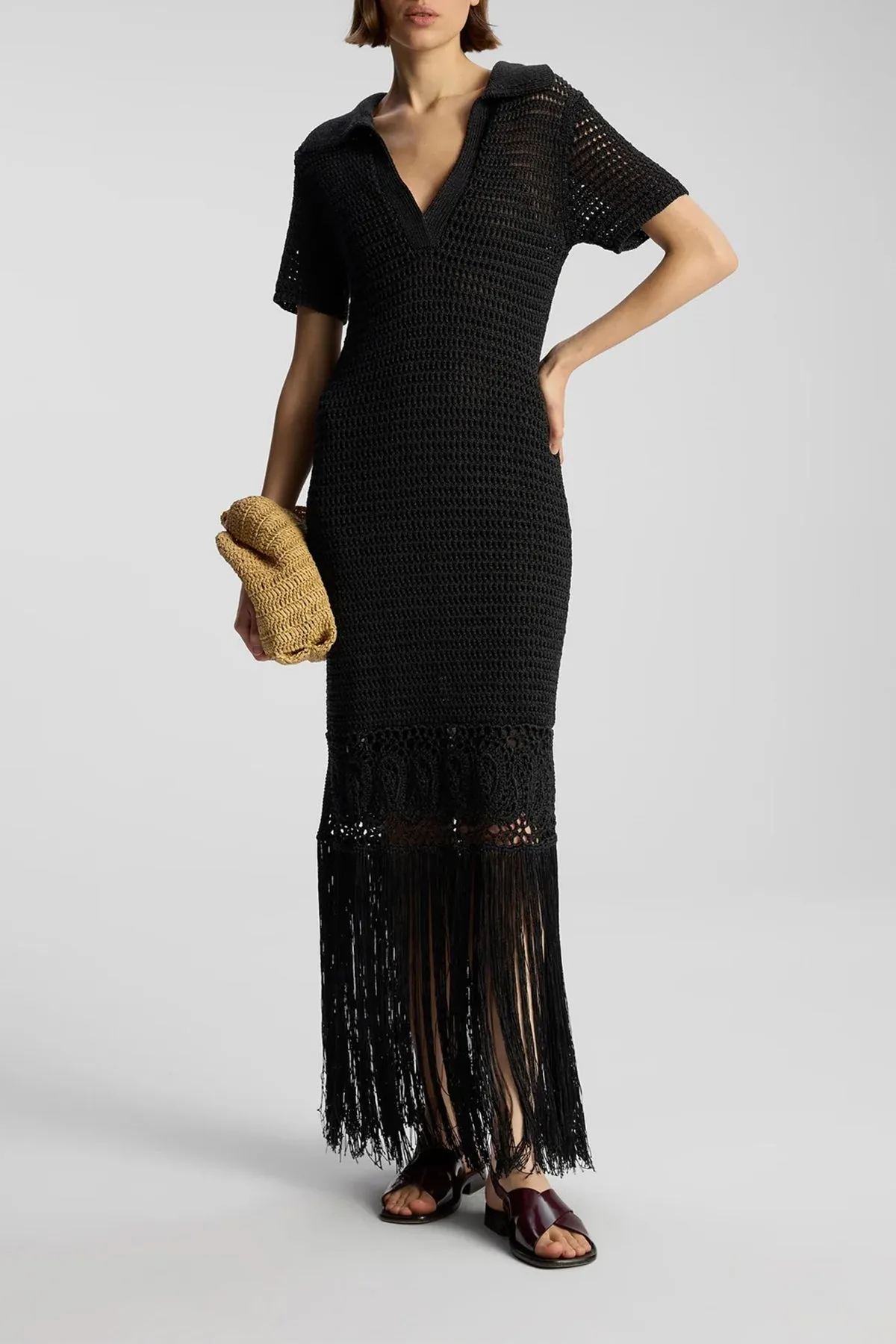 Valerie Crochet Fringe Maxi Dress in Black